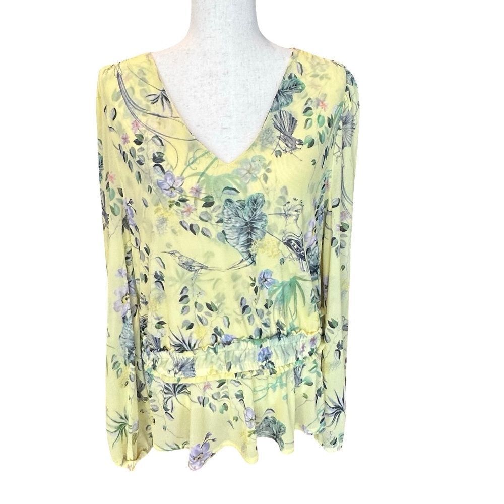 INC Long Sleeve Sheer/Mesh V-Neck Blouse Floral Yellow Size 2XL